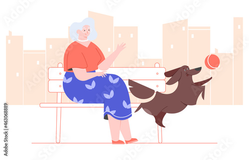 An elderly woman sits on a bench and plays with a dog. The pensioner throws the ball to her furry friend. Active old age with beloved pet. Vector flat illustration.
