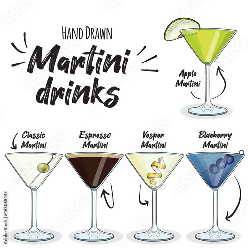 Hand Drawn Colorful Martini Drinks Set Appletini Classic Espresso Vesper Blueberry