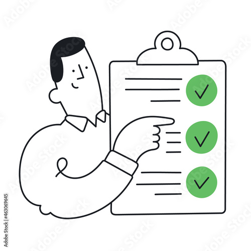 Happy man holding to-do list with checkboxes. To do list, done job, checklist. Outline, linear, thin line, doodle art. Simple style with editable stroke.