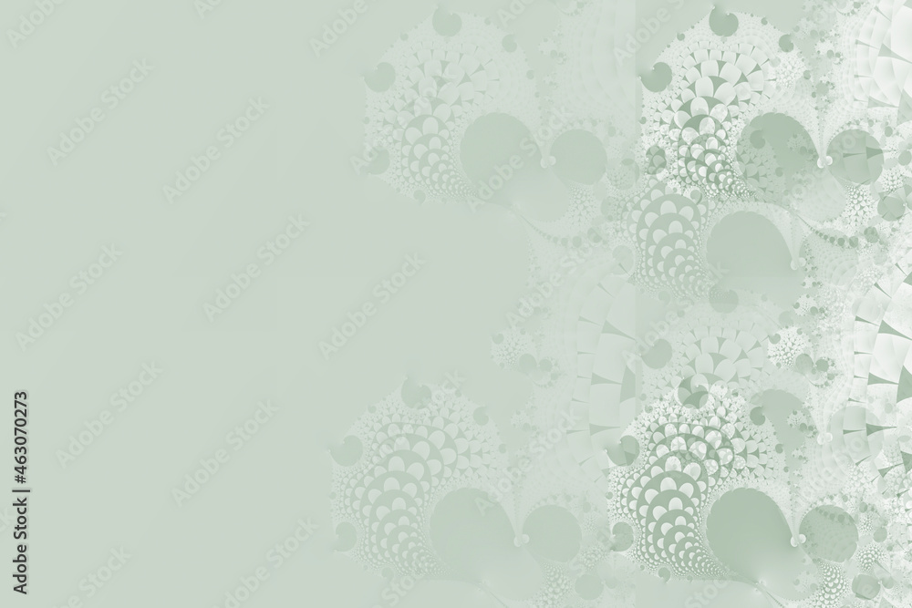 a postcard with a fancy floral pattern in a classic fashionable shade of basil in accordance with pantone 16-6216. Copyspace, abstract background for the design.