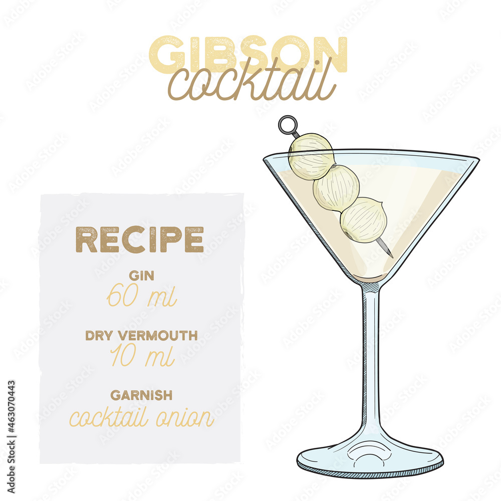 Hand Drawn Colorful Gibson Summer Cocktail. Drink with Ingredients - obrazy, fototapety, plakaty 