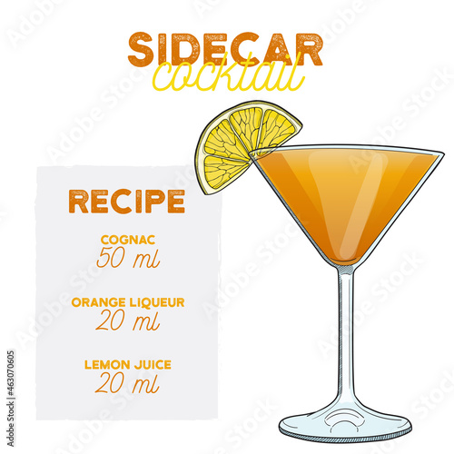 Hand Drawn Colorful Sidecar Summer Cocktail. Drink with Ingredients