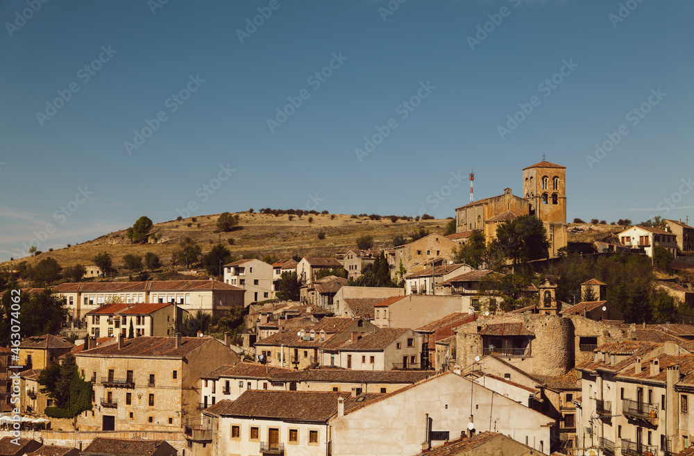 Panorama of small town, Sepulveda, in Spain, against blue sky