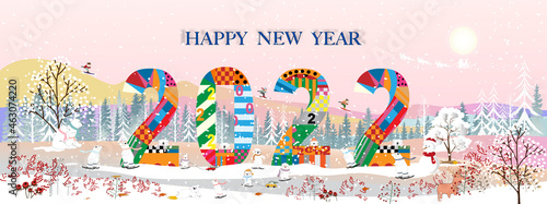Happy New Year 2022 with winter landscape in city with polar bear celebrating on Christmas eve.Winter wonderland in the town with happy bears sledding and skating in the city park