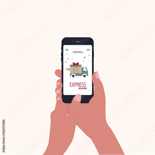 hand holding phone. Phone in hand.The concept of online manual payment. Vector illustration.