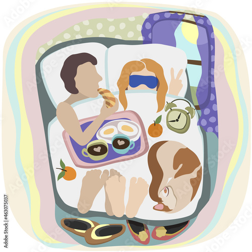 Vector illustration of a couple having breakfast in the morning in bed, cat sleeping near. Morning of weekend.