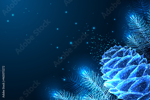 Christmas festive abstract banner template with glowing fir tree branches, pine cones, stars and copy spac