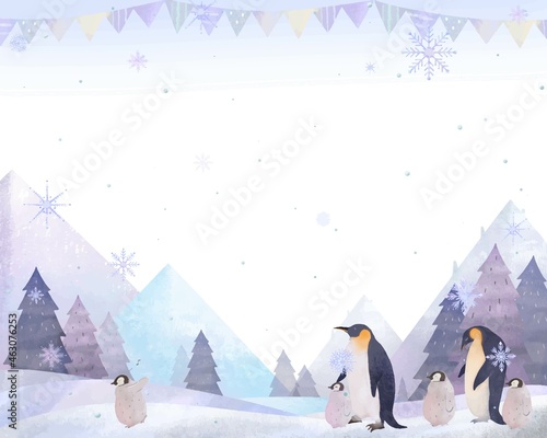 三角の旗と山の北欧風の風景、ペンギンの親と子供たちと雪の結晶のベクター白バックフレームイラスト素材