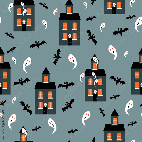 Halloween holiday. Seamless pattern of haunted houses with ghosts and bats on a dark background. Vector illustration