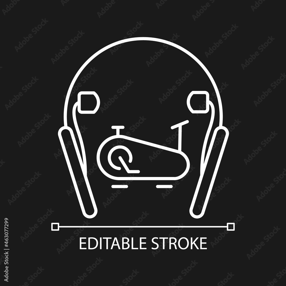In ear neckband headphones white linear icon for dark theme. Earphones connected to phone. Thin line customizable illustration. Isolated vector contour symbol for night mode. Editable stroke