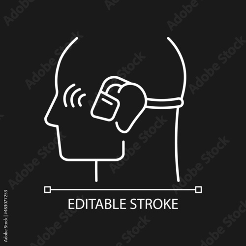 Open ear wireless headphones white linear icon for dark theme. Bone conduction earphones. Thin line customizable illustration. Isolated vector contour symbol for night mode. Editable stroke