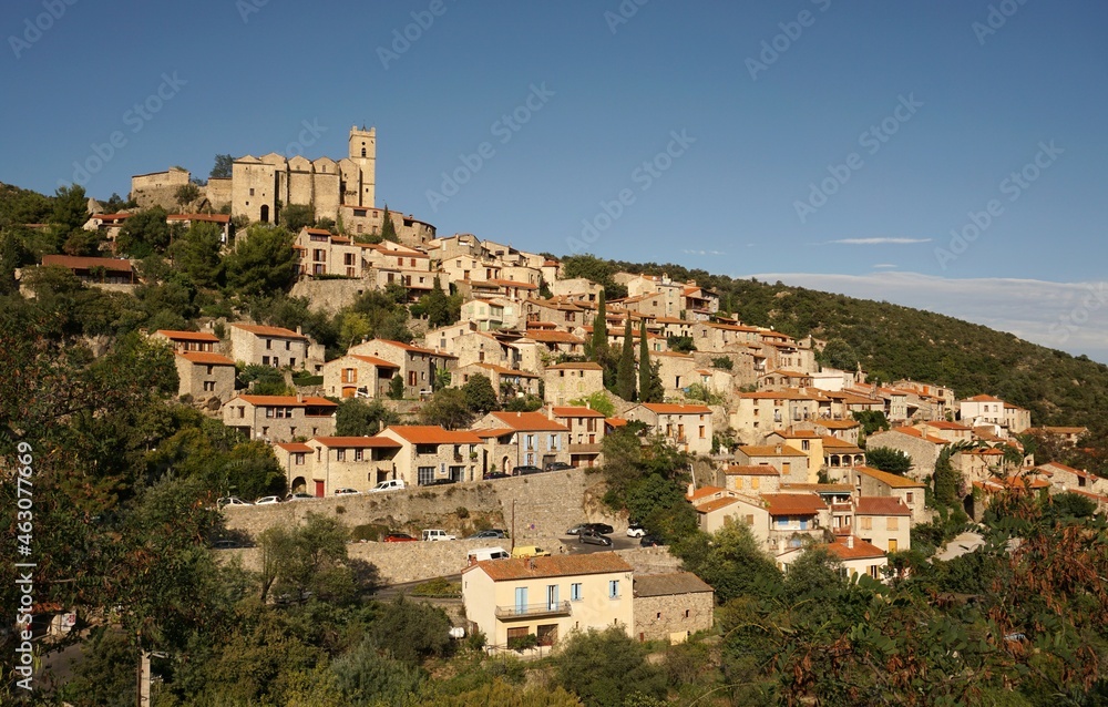 View of Eus, a hillside village in Pyrenees-Orientales Department in southern France