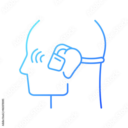 Open ear wireless headphones gradient linear vector icon. Bone conduction earphones. Wireless connection to phone. Thin line color symbol. Modern style pictogram. Vector isolated outline drawing