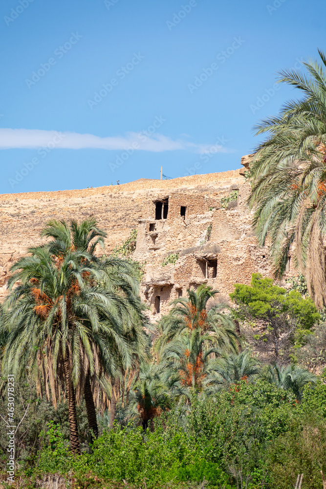 Scenic view of Old stone houses, Palm trees Oasis , Mountains from Ghoufi Canyon in the Aures region, Algeria Scenic view of Old stone houses, Palm trees Oasis , Mountains from Ghoufi Canyon in the Aures region, Algeria