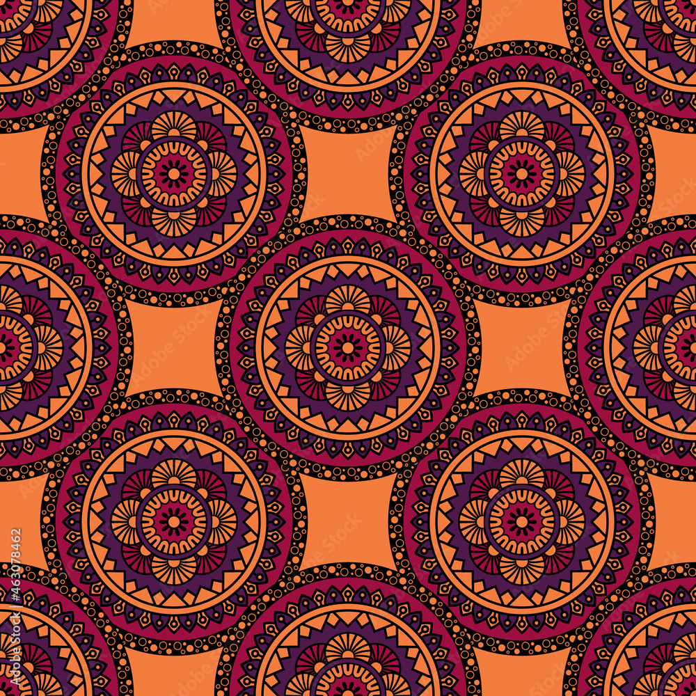 Abstract seamless mandala background. Texture in orange and black colors. Oriental pattern for design, fashion print, scrapbooking