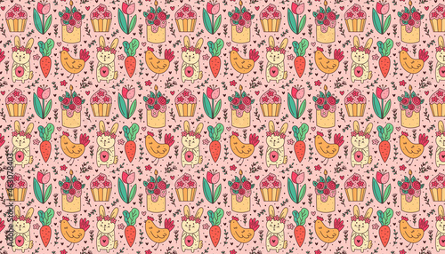Happy Easter holiday doodle line art. Rabbit, bunny, cupcake, cake, chicken, hen, flower, carrot. Pattern, texture, background, banner. Packaging design.