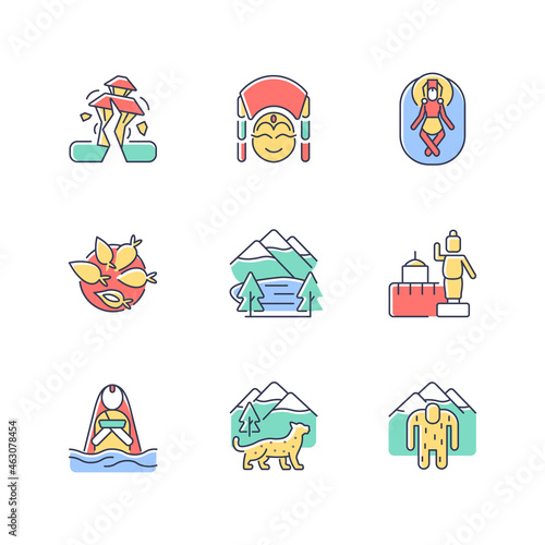 Culture of Nepal RGB color icons set. Trekking destination. Earthquake risk. Religious sites. Nepalese festivals. Yomari dumpling. Isolated vector illustrations. Simple filled line drawings collection