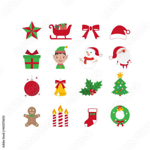 Christmas icon set with snowflakes, hats, star, tree, balls, sock, gift, vector icons for business and holidays