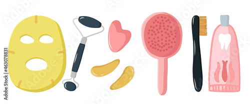 Set illustration morning routine. Good habits for every day, oral hygiene, comb. Fabric mask, eye patches and massage tools at home. Vector flat illustration in cartoon style