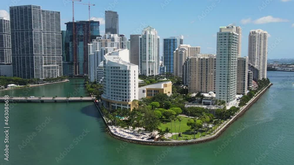 Miami, Florida. Aerial View of Brickell Key Island, Modern Bayfront and Condo Buildings on Sunny Day, Establishing Drone Shot Miami, Florida. Aerial View of Brickell Key Island, Modern Bayfront and Condo Buildings on Sunny Day, Establishing Drone Shot