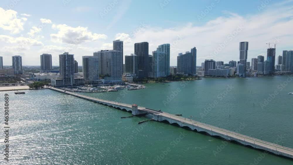 Aerial View, Miami, Florida USA, Downtown Buildings, Biscayne Bay and Drawbridge From Venetian Island on Sunny Day, Drone Shot Aerial View, Miami, Florida USA, Downtown Buildings, Biscayne Bay and Drawbridge From Venetian Island on Sunny Day, Drone Shot