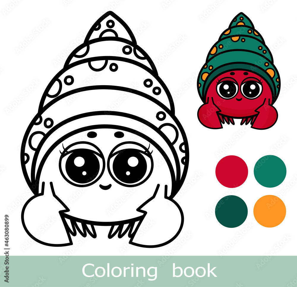 Cartoon hermit crab coloring book page with colorful template. Cute