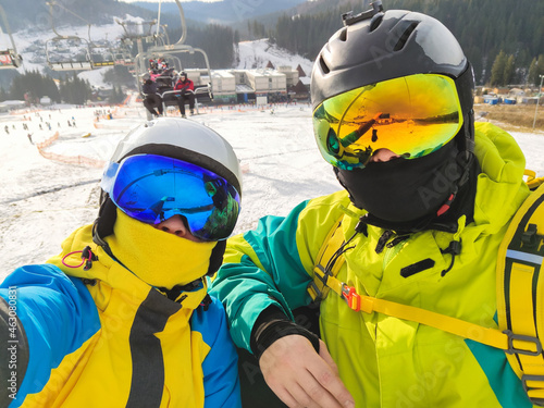 selfie of couple at ski resort