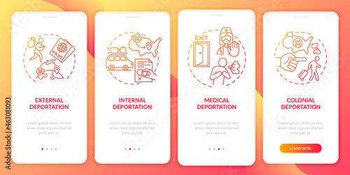 Deportation types red onboarding mobile app page screen. Immigration problems walkthrough 4 steps graphic instructions with concepts. UI, UX, GUI vector template with linear color illustrations