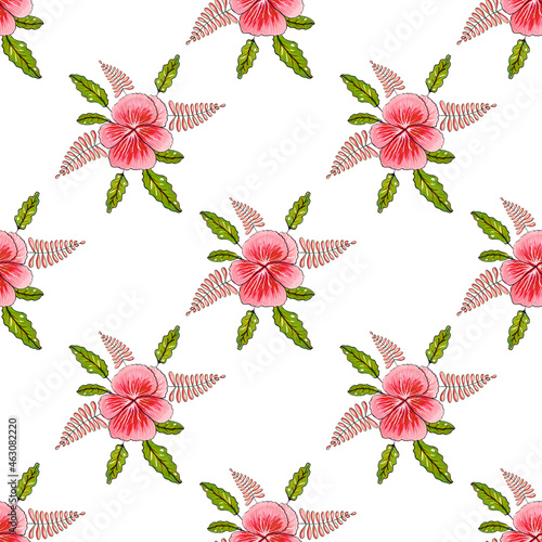Art Marker floral seamless background. Delicate wallpaper with red viola flowers. Delicate summer pattern.