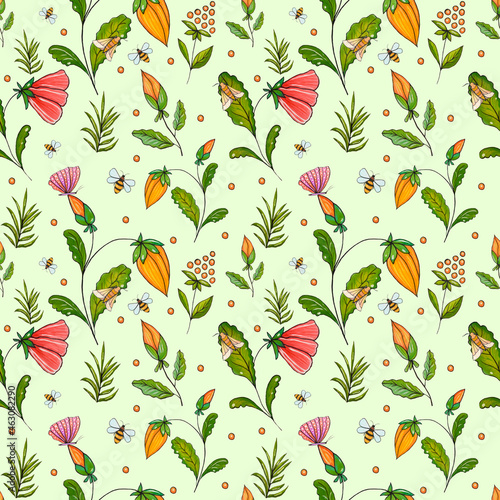 Art Marker floral seamless background. Delicate flower wallpaper. Wildflowers pink and orange. Delicate summer pattern with butterflyes and bees.