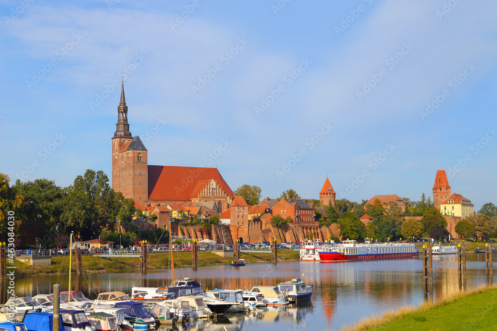 View at the port of Tangermuende and the historical old town with city wall, Saxony Anhalt - Germany