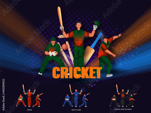 Cricket Player Team Of Participating Countries With Tournament Equipments On Abstract Purple Halftone Background.