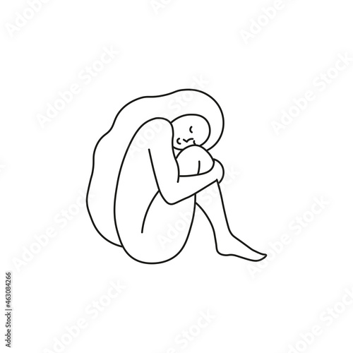 Woman hugging herself. Vector illustration for love yourself, body positive.Line girl abstract minimalist silhouettes with colored spots.Naked of a woman line silhouette. Body Care for spa salon, eco
