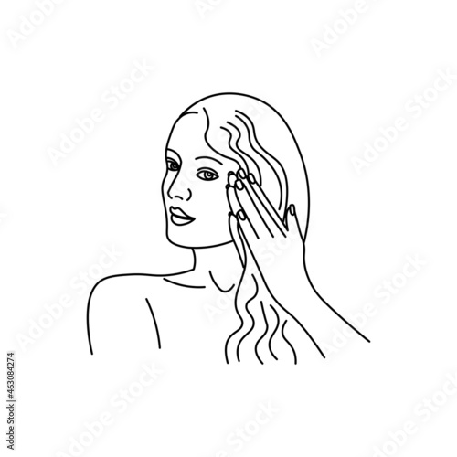 A young woman applies a mask to her hair. Line girl abstract minimalist silhouette.Body Care for spa salon, eco cosmetics vector icons in sketch style.