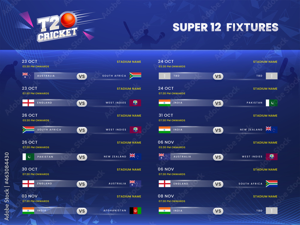 T20 Cricket Super 12 Fixtures Schedule Information On Blue Silhouette Players Background. - obrazy, fototapety, plakaty 