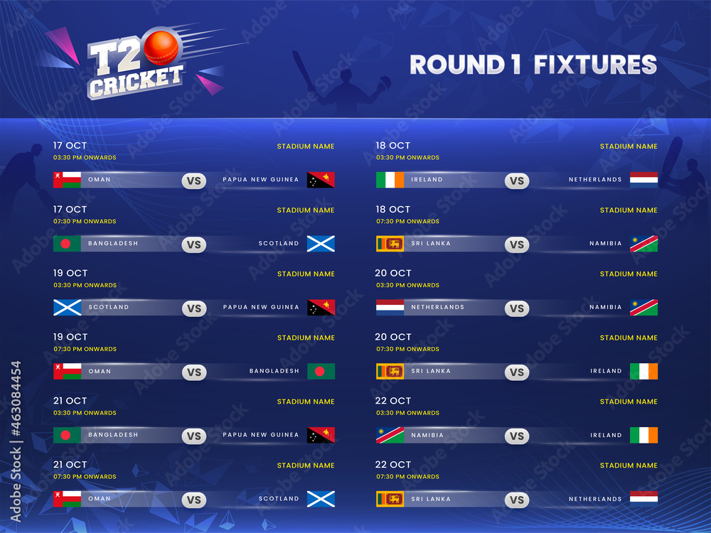 T20 Cricket Round 1 Fixtures Schedule On Blue Silhouette Players Background. - obrazy, fototapety, plakaty 