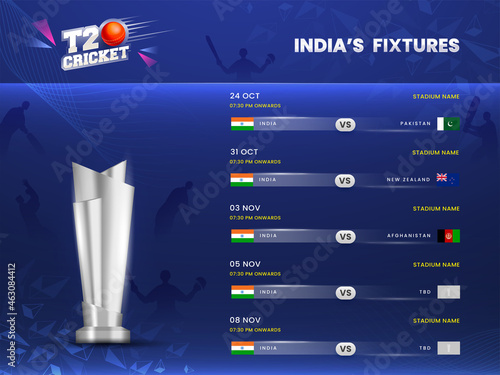 T20 Cricket India's Fixtures Schedule With 3D SilverTrophy Cup On Blue Silhouette Players Background.