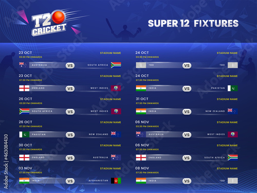 T20 Cricket Super 12 Fixtures Schedule Information On Blue Silhouette Players Background.