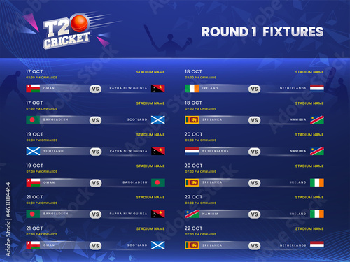 T20 Cricket Round 1 Fixtures Schedule On Blue Silhouette Players Background.