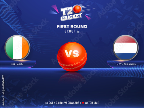 T20 Cricket First Round Group A Match Betweeb Ireland VS Netherlands On Blue Abstract Background. photo