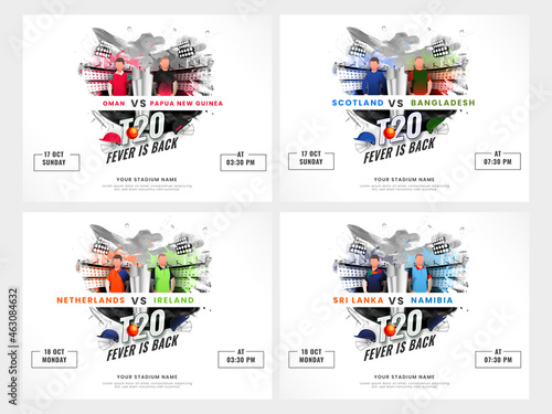 T20 Cricket Fever Is Back Social Media Post With Faceless Players And 3D Silver Trophy Cup On Abstract Background In Four Options.