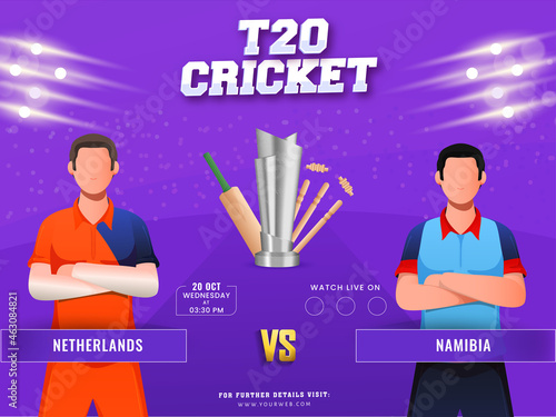 T20 Cricket Match Between Netherlands VS Namibia With Faceless Players And 3D Silver Trophy Cup On Purple Light Effect Background.