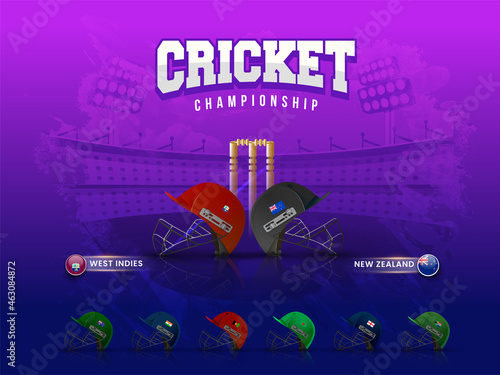 Cricket Match Participating Countries Helmets With West Indies VS New Zealand Highlighted On Purple Brush Stroke Stadium Background.