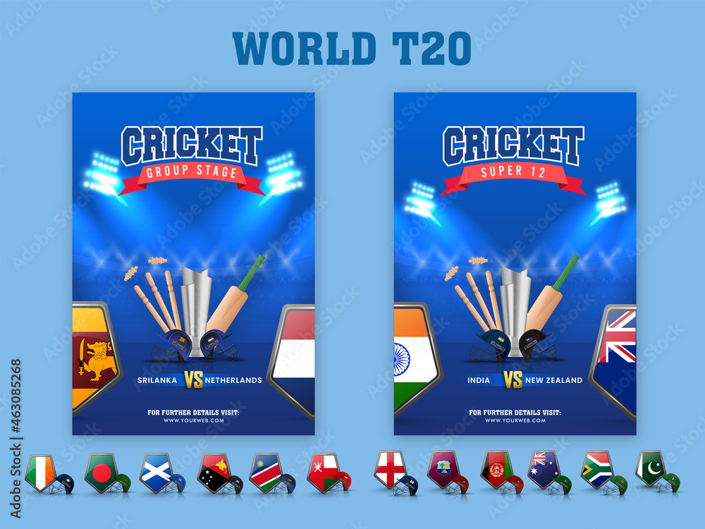 World T20 Cricket Template Set With 3D Tournament Equipment And Participating Countries Flag Shield In Blue Color. - obrazy, fototapety, plakaty 