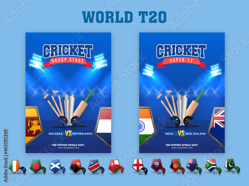World T20 Cricket Template Set With 3D Tournament Equipment And Participating Countries Flag Shield In Blue Color.