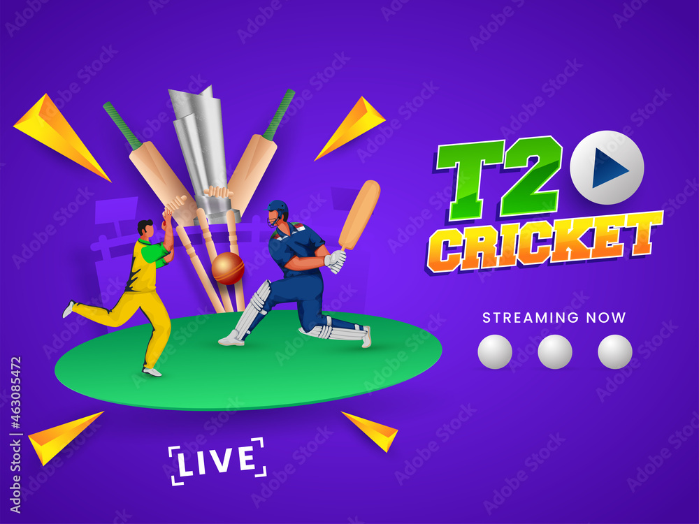 T20 Cricket Watch Live Show With Batsman, Bowler In Playing Pose And 3D Silver Trophy Cup On Purple Background. - obrazy, fototapety, plakaty 