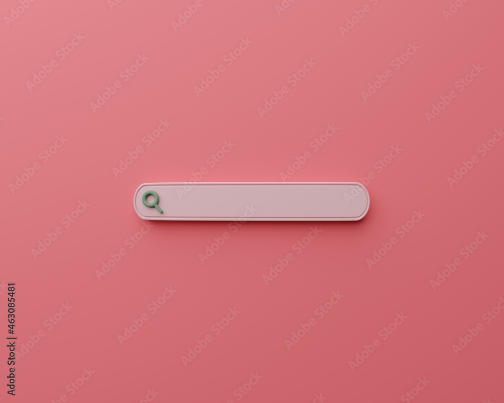 Blank search bar and green magnifier on pink background. 3D Render minimal illustration with copy space. Blank search bar and green magnifier on pink background. 3D Render minimal illustration with copy space.