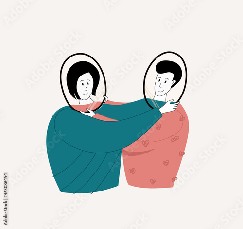 Man and woman look at each other and see mirror reflection of their own. Relationship empathy, codependency, addiction and psychology concept. Cartoon flat vector illustration