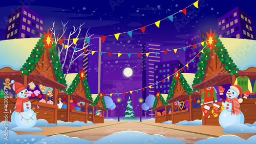 Christmas Market with lighting shopping traditional gifts, buying holiday food. Vector illustration in cartoon style. Christmas decorations.
