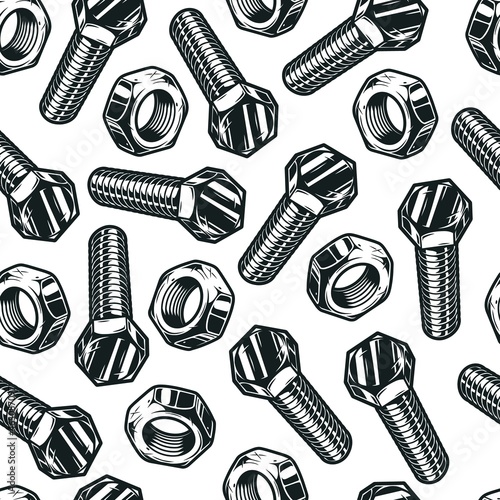 Seamless pattern of steel bolts and nuts